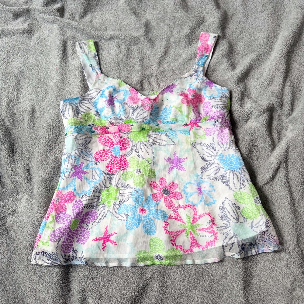 vintage y2k 100% silk beaded babydoll tank top colorful floral print size medium